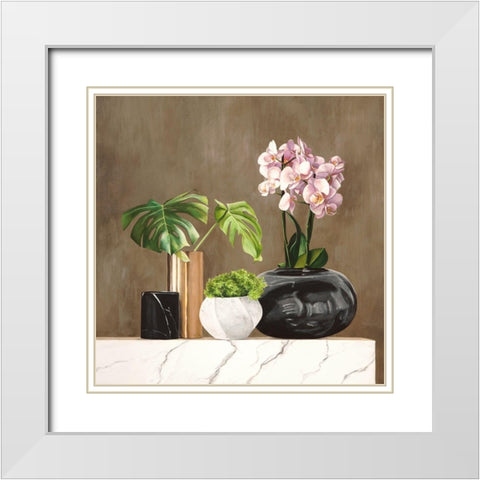 Floral Setting on White Marble II White Modern Wood Framed Art Print with Double Matting by Thomlinson, Jenny