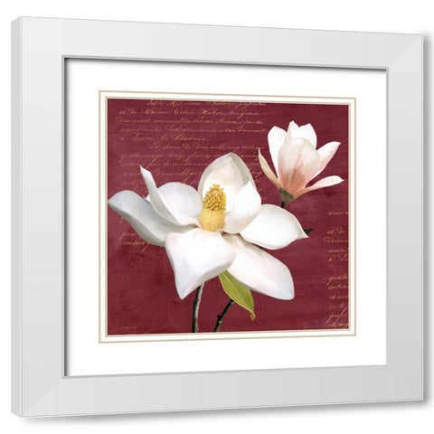 Burgundy Magnolia I White Modern Wood Framed Art Print with Double Matting by Villa, Luca