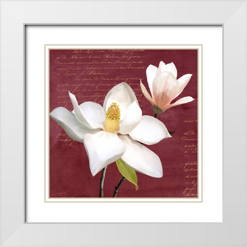 Burgundy Magnolia I White Modern Wood Framed Art Print with Double Matting by Villa, Luca