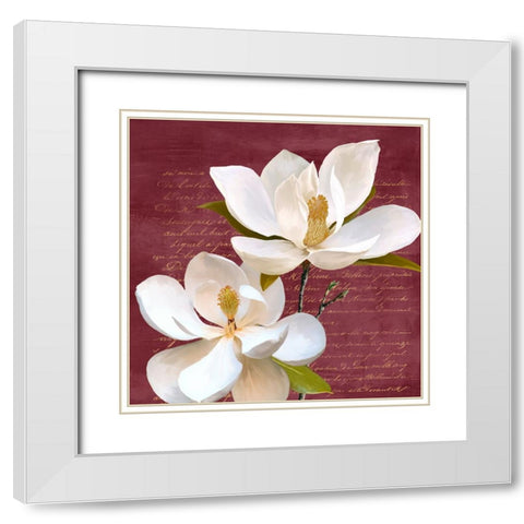 Burgundy Magnolia II White Modern Wood Framed Art Print with Double Matting by Villa, Luca