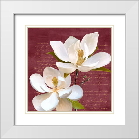 Burgundy Magnolia II White Modern Wood Framed Art Print with Double Matting by Villa, Luca
