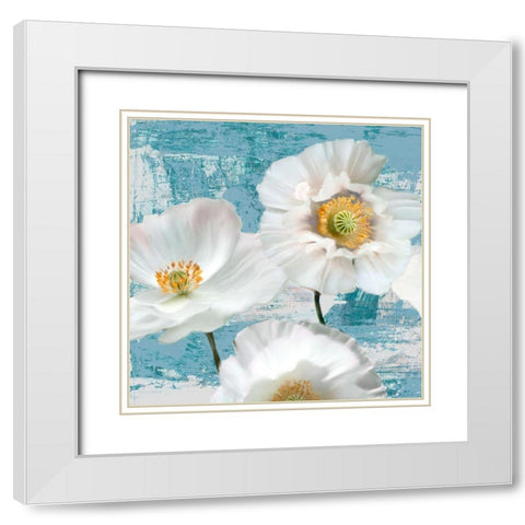 Washed Poppies (Aqua) I White Modern Wood Framed Art Print with Double Matting by Sanna, Leonardo