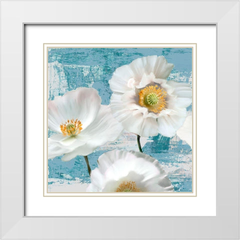 Washed Poppies (Aqua) I White Modern Wood Framed Art Print with Double Matting by Sanna, Leonardo
