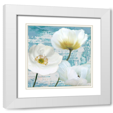Washed Poppies (Aqua) II White Modern Wood Framed Art Print with Double Matting by Sanna, Leonardo