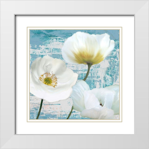 Washed Poppies (Aqua) II White Modern Wood Framed Art Print with Double Matting by Sanna, Leonardo