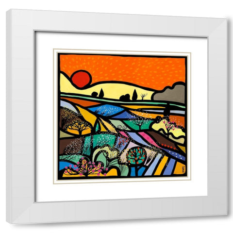 Lavender Fields at Sunset White Modern Wood Framed Art Print with Double Matting by Wallas