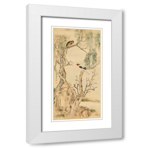 Birds on flowered branches White Modern Wood Framed Art Print with Double Matting by Anonymous