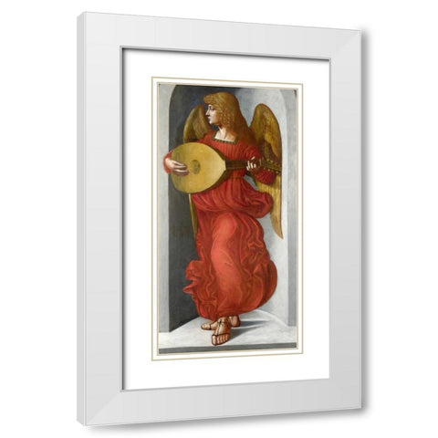 An Angel in Red with a Lute White Modern Wood Framed Art Print with Double Matting by After Leonardo da Vinci