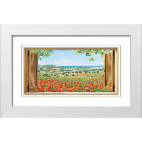 Finestra su campo di papaveri White Modern Wood Framed Art Print with Double Matting by Del Missier, Andrea