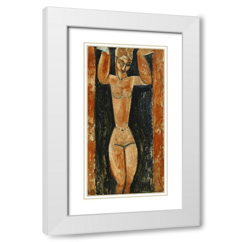 Caryatid White Modern Wood Framed Art Print with Double Matting by Modigliani, Amedeo