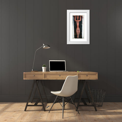 Caryatid Rouge White Modern Wood Framed Art Print with Double Matting by Modigliani, Amedeo