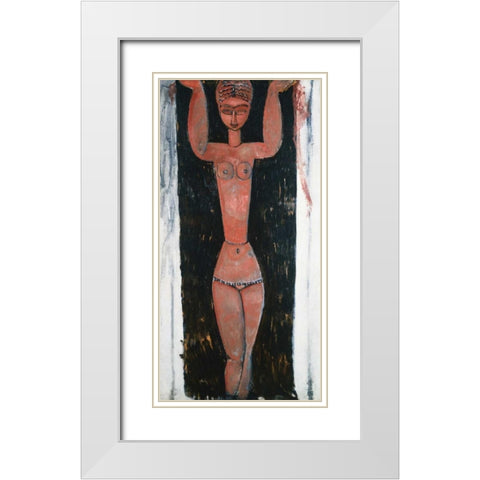 Caryatid Rouge White Modern Wood Framed Art Print with Double Matting by Modigliani, Amedeo