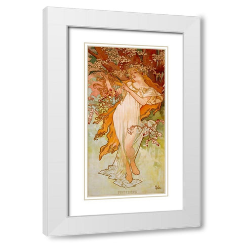 Printemps White Modern Wood Framed Art Print with Double Matting by Mucha, Alphonse