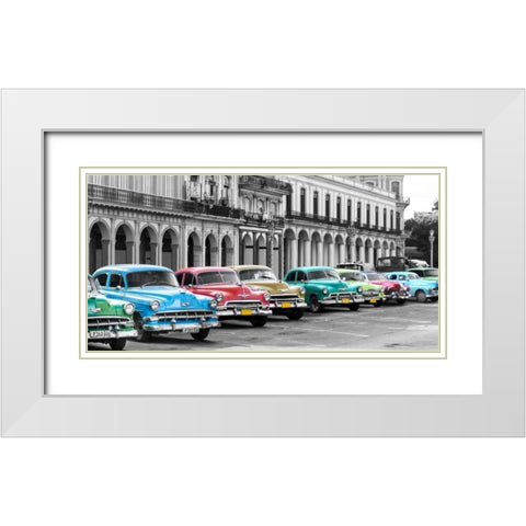 Cars parked in line, Havana, Cuba White Modern Wood Framed Art Print with Double Matting by Pangea Images