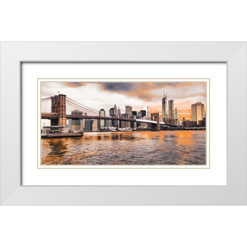 Brooklyn Bridge and Lower Manhattan at sunset, NYC White Modern Wood Framed Art Print with Double Matting by Pangea Images