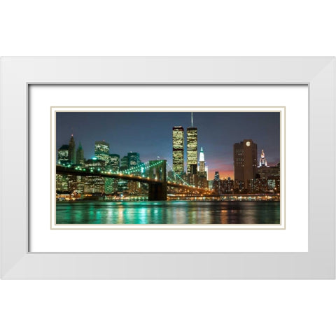 The Brooklyn Bridge and Twin Towers at Night White Modern Wood Framed Art Print with Double Matting by Mancini, Barry