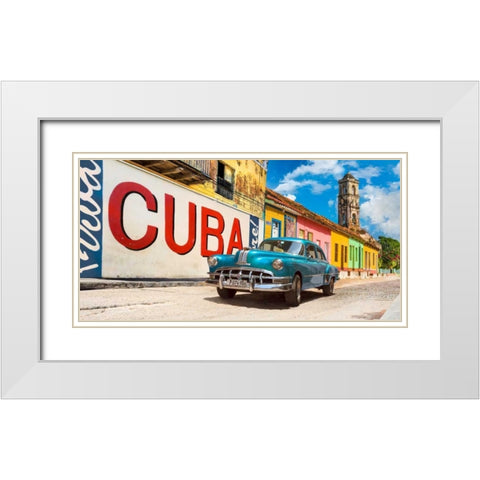 Vintage car and mural- Cuba White Modern Wood Framed Art Print with Double Matting by Pangea Images