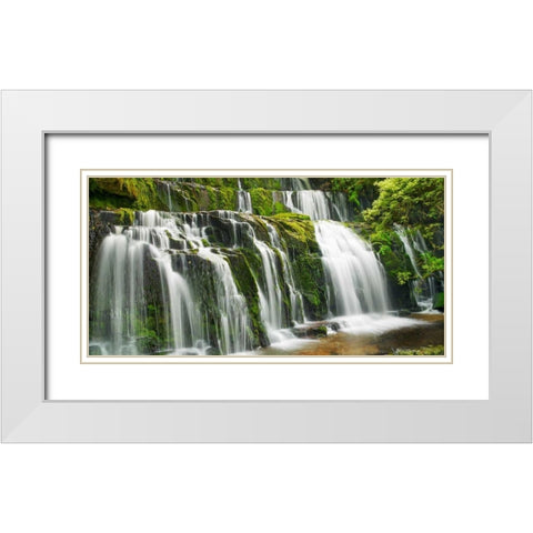 Waterfall Purakaunui Falls, New Zealand White Modern Wood Framed Art Print with Double Matting by Krahmer, Frank