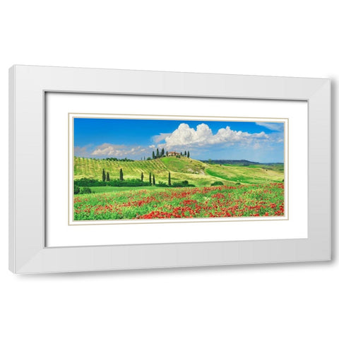 Farmhouse with Cypresses and Poppies- Val dOrcia- Tuscany  White Modern Wood Framed Art Print with Double Matting by Krahmer, Frank
