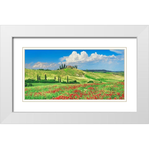 Farmhouse with Cypresses and Poppies- Val dOrcia- Tuscany  White Modern Wood Framed Art Print with Double Matting by Krahmer, Frank