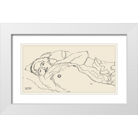 Reclined Woman White Modern Wood Framed Art Print with Double Matting by Klimt, Gustav