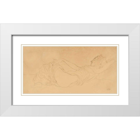 Sleeping Woman White Modern Wood Framed Art Print with Double Matting by Klimt, Gustav