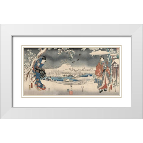 Snowy landscape with a woman and a man 1853 White Modern Wood Framed Art Print with Double Matting by Hiroshige, Ando