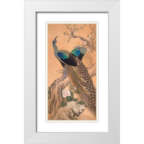 A Pair of Peacocks in Spring White Modern Wood Framed Art Print with Double Matting by Imao KeinenImao, Keinen