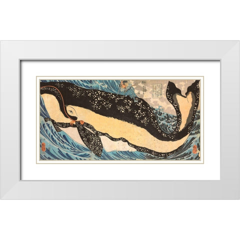 Miyamoto No Musashi Attacking the Giant Whale White Modern Wood Framed Art Print with Double Matting by Kuniyoshi, Utagawa