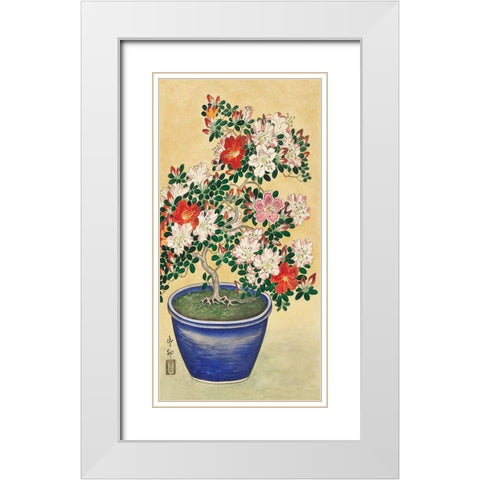 Blooming azalea in blue pot White Modern Wood Framed Art Print with Double Matting by Koson, Ohara