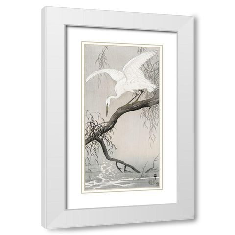 White heron on tree branch White Modern Wood Framed Art Print with Double Matting by Koson, Ohara