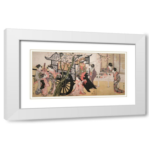 Courtesans admiring cherry blossoms White Modern Wood Framed Art Print with Double Matting by Kitagawa, Utamaro