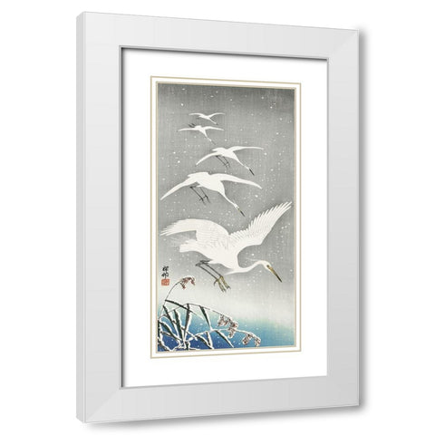 Descending egrets in snow White Modern Wood Framed Art Print with Double Matting by Koson, Ohara