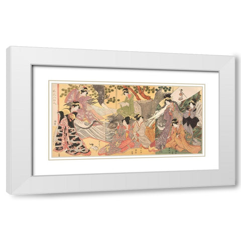 Kabuki players as the Eight Sennin White Modern Wood Framed Art Print with Double Matting by Kininaga