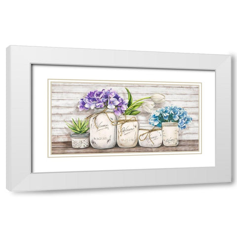 Hydrangeas in Mason Jars White Modern Wood Framed Art Print with Double Matting by Jenny, Thomlinson