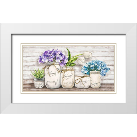 Hydrangeas in Mason Jars White Modern Wood Framed Art Print with Double Matting by Jenny, Thomlinson