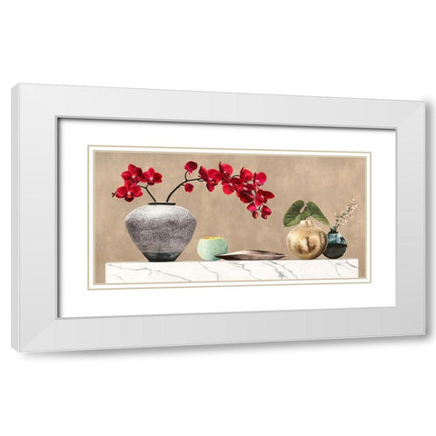 Red Orchids on White Marble White Modern Wood Framed Art Print with Double Matting by Thomlinson, Jenny