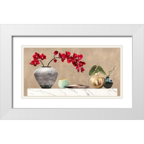 Red Orchids on White Marble White Modern Wood Framed Art Print with Double Matting by Thomlinson, Jenny
