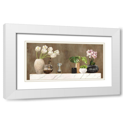 Floral Setting on White Marble White Modern Wood Framed Art Print with Double Matting by Thomlinson, Jenny