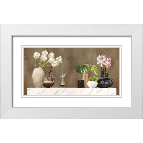 Floral Setting on White Marble White Modern Wood Framed Art Print with Double Matting by Thomlinson, Jenny