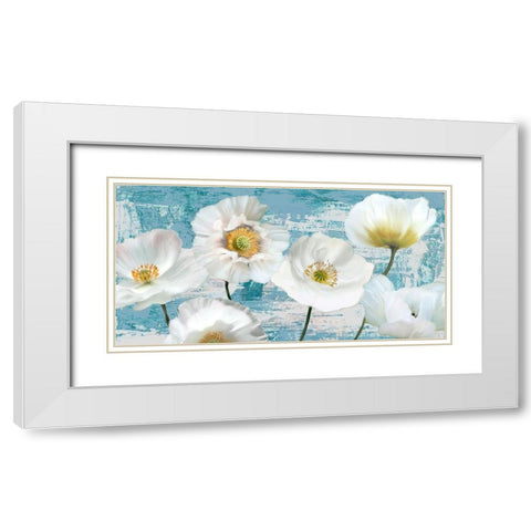 Washed Poppies (Aqua) White Modern Wood Framed Art Print with Double Matting by Sanna, Leonardo