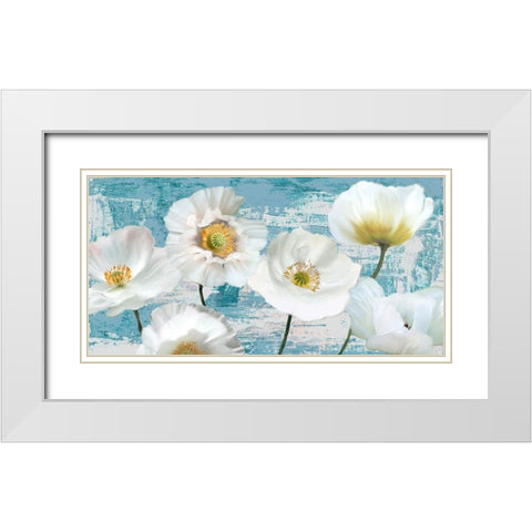 Washed Poppies (Aqua) White Modern Wood Framed Art Print with Double Matting by Sanna, Leonardo