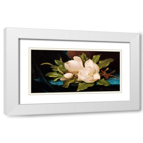 Giant Magnolias on Blue Cloth White Modern Wood Framed Art Print with Double Matting by Heade, Martin Johnson