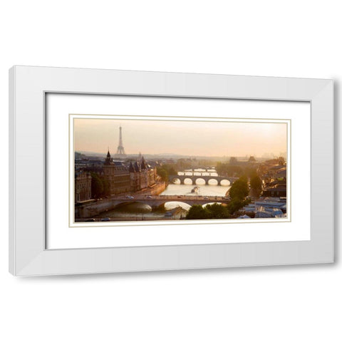 Bridges over the Seine river, Paris White Modern Wood Framed Art Print with Double Matting by Setboun, Michel
