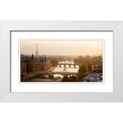 Bridges over the Seine river, Paris White Modern Wood Framed Art Print with Double Matting by Setboun, Michel