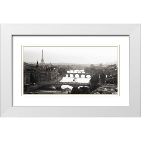 Bridges over the Seine river, Paris White Modern Wood Framed Art Print with Double Matting by Setboun, Michel