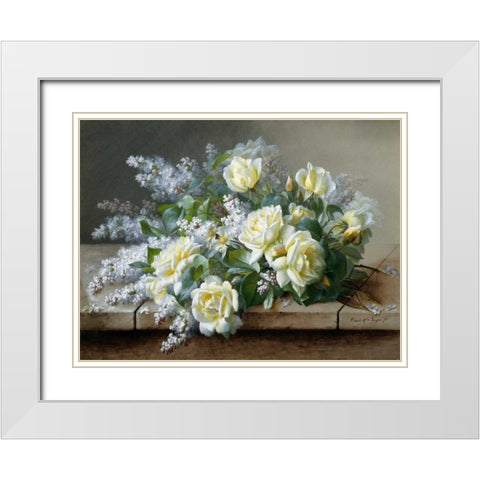 A Still Life with Roses White Modern Wood Framed Art Print with Double Matting by de Longpre, Raoul