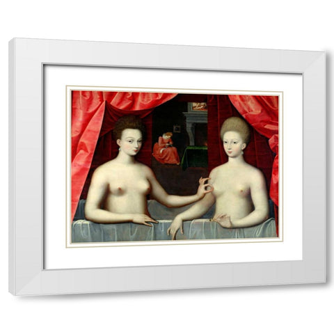 Gabrielle dEstrees and her Sister White Modern Wood Framed Art Print with Double Matting by School of Fontainebleau