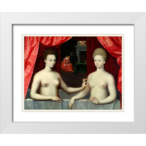 Gabrielle dEstrees and her Sister White Modern Wood Framed Art Print with Double Matting by School of Fontainebleau