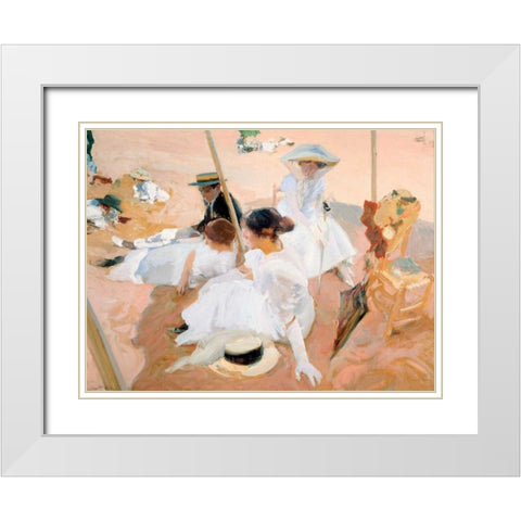Under the awning, on the Beach at Zarauz White Modern Wood Framed Art Print with Double Matting by Sorolla y Bastida, Joaquin